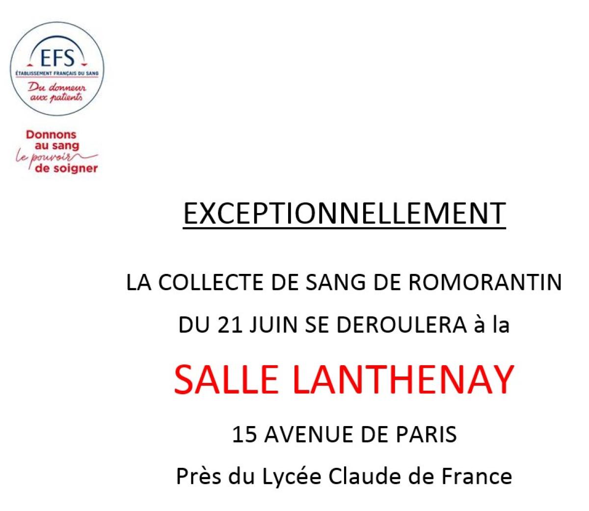 Changement de salle pour la collecte de sang du 21 juin