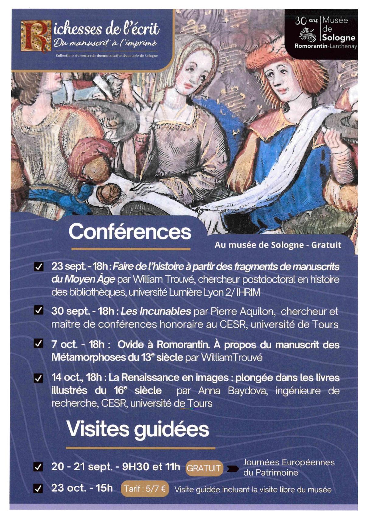 CONFERENCE dans le cadre de l'exposition -Richesse de l'écrit, du manuscrit à l'imprimé-